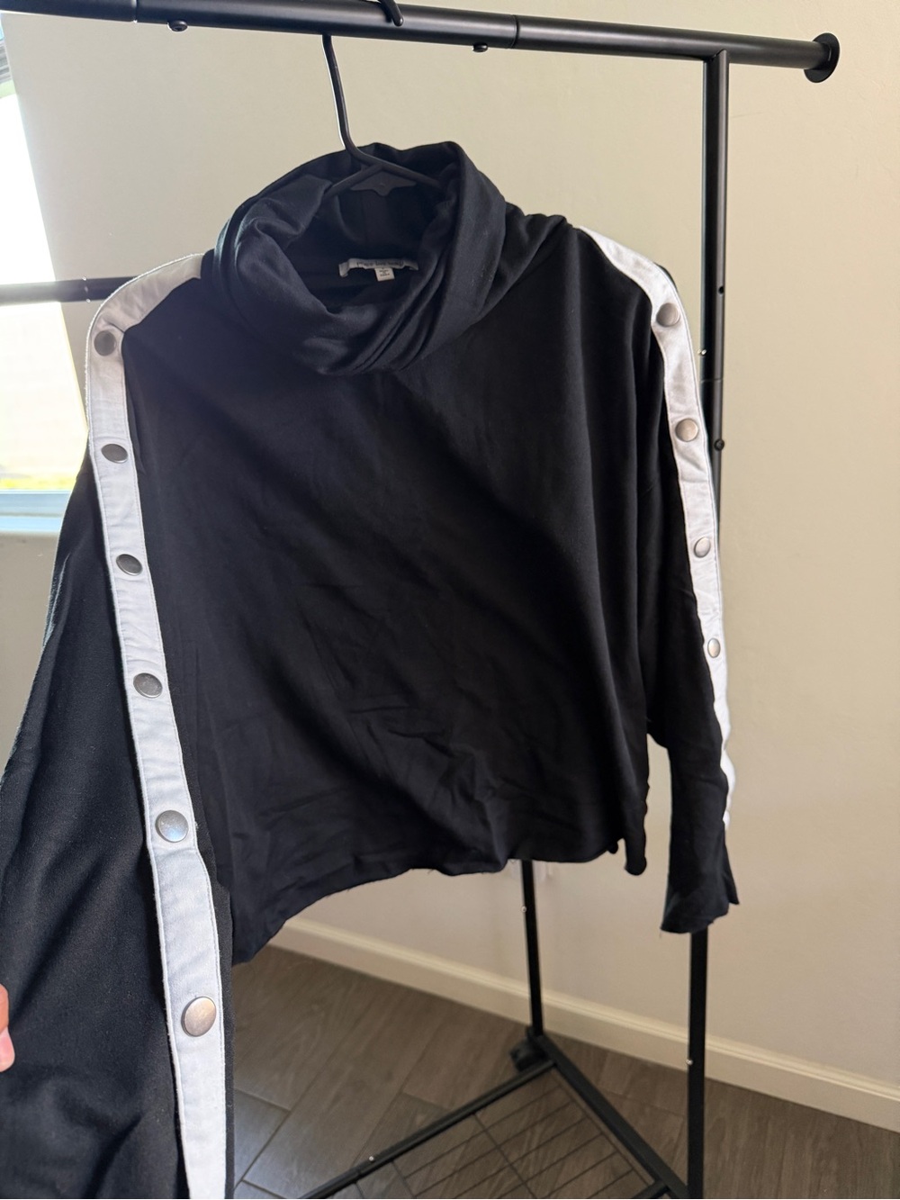 Peace Love World Black Turtleneck Snap-Trim Pullover with White Stripes